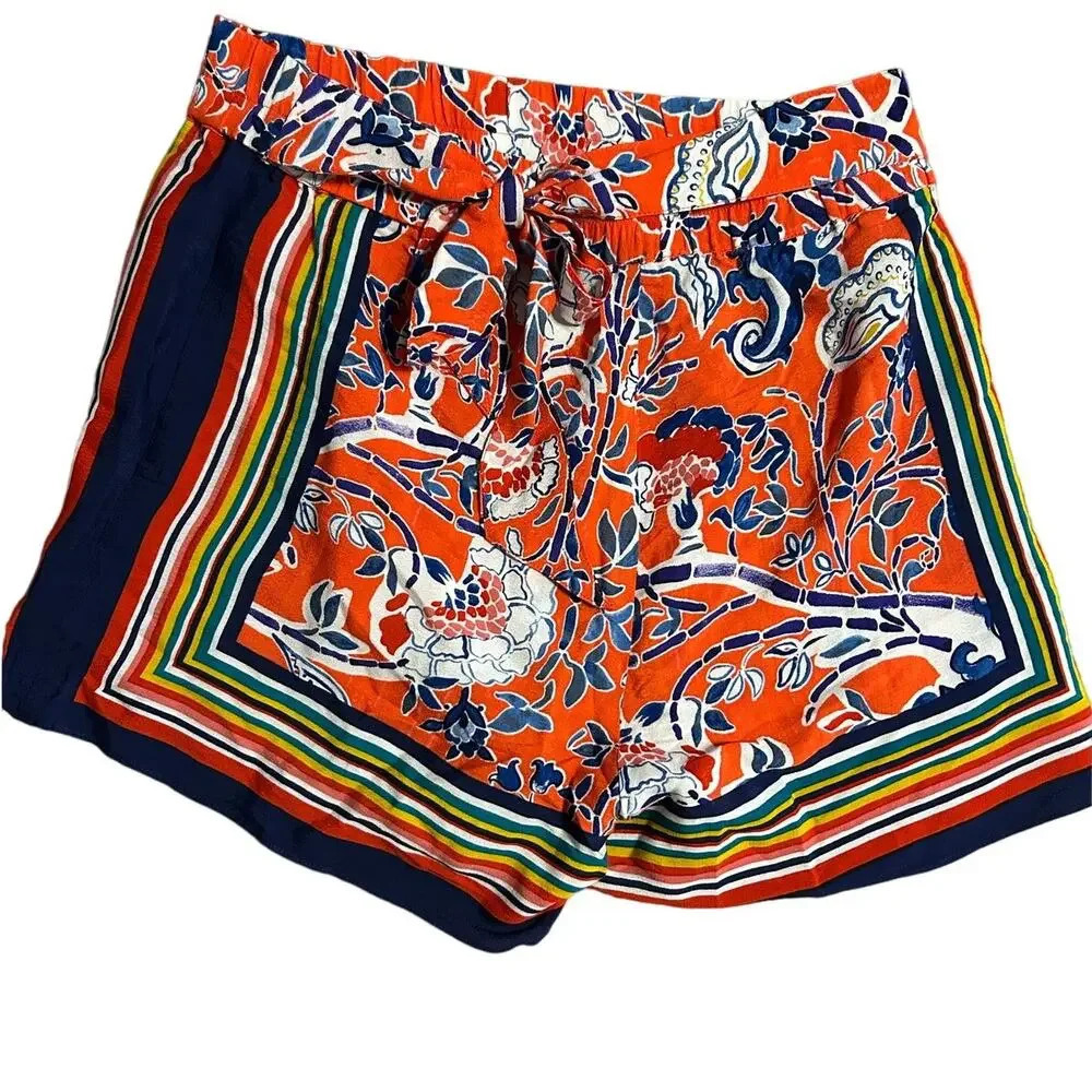 Ett:Twa Anthropologie Paisly Print Shorts Size Small Tie Front Orange Viscose